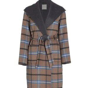 Elie Tahari Wallace Plaid Full-Length Wrap Coat Womens‎ L Cathedral Blue Preppy